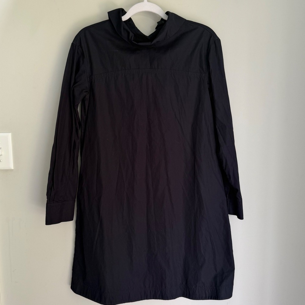 COS Funnel Neck Cotton Poplin Dress 2 Dark Navy Blue Long Sleeve Shift Mini SZ 2